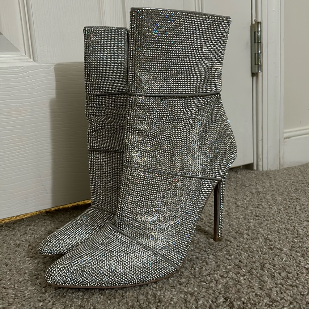 Silver Crystal Embellished Stiletto Ankle Boots - Women
